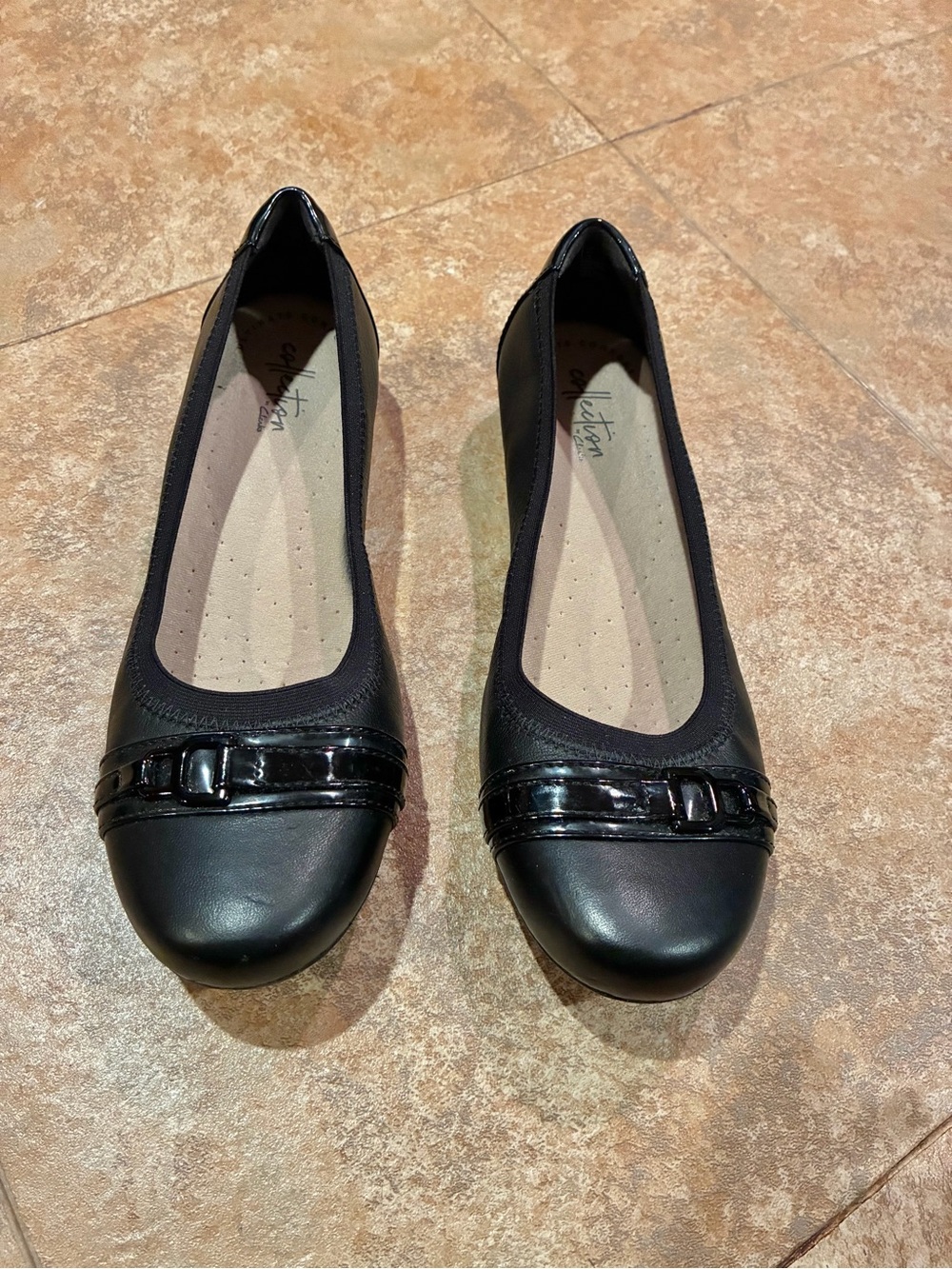 Clarks Black Leather Women's Ballet Flats with Patent Accent
